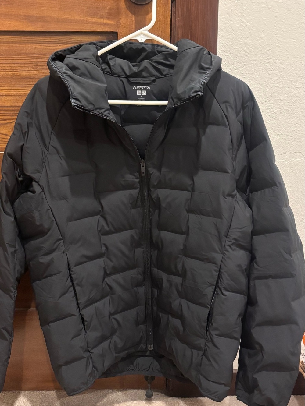 Uniqlo Men’s Black Hooded PufferTech Jacket- Water Repellent, Light Weight